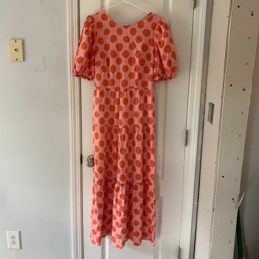 Who What Wear Pink Orange Polka Dot Linen Blend Tiered Maxi Dress XS